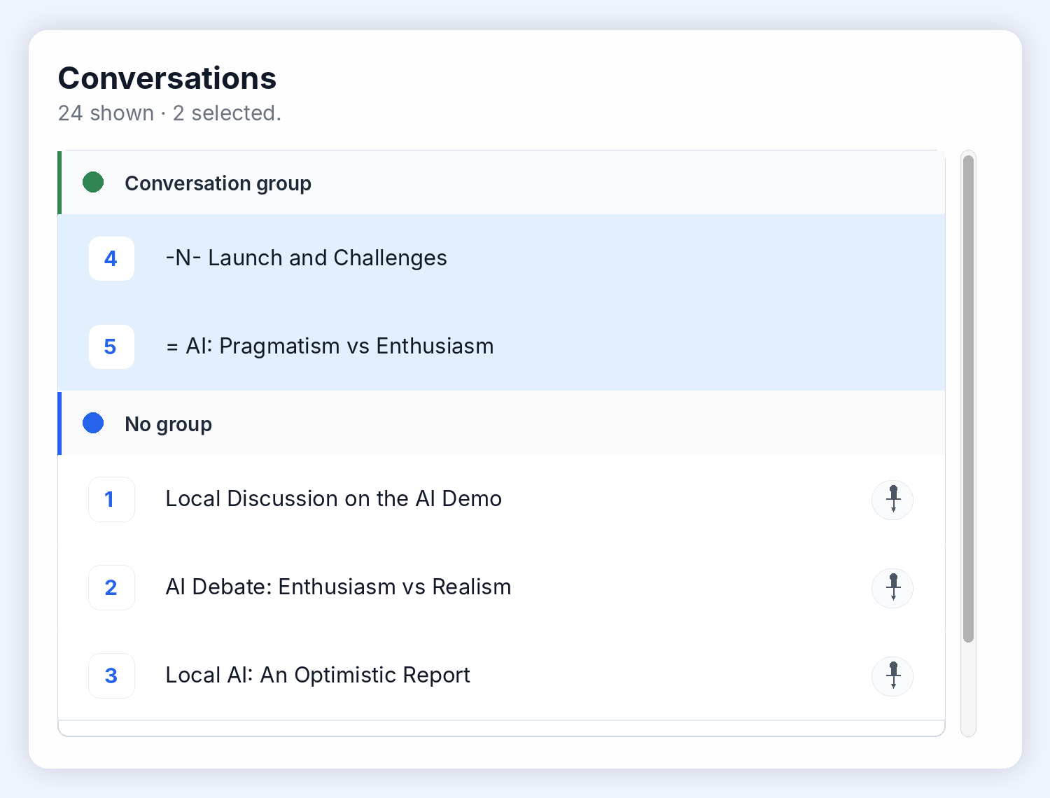 English RTO conversation manager mockup with matching conversations
